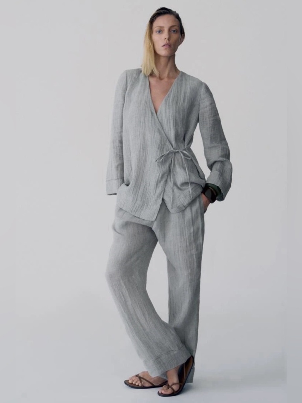 NWOT Zara 100% Linen Kimono Co Ord Matching Set Flowing Trousers wrap top gauze